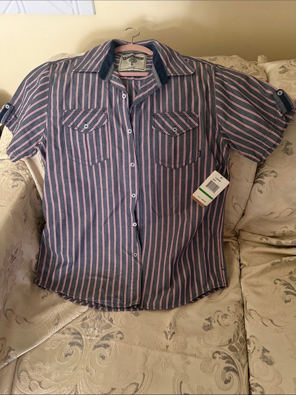 Striped Short-Sleeve Button-Down Shirt in Navy & Pink